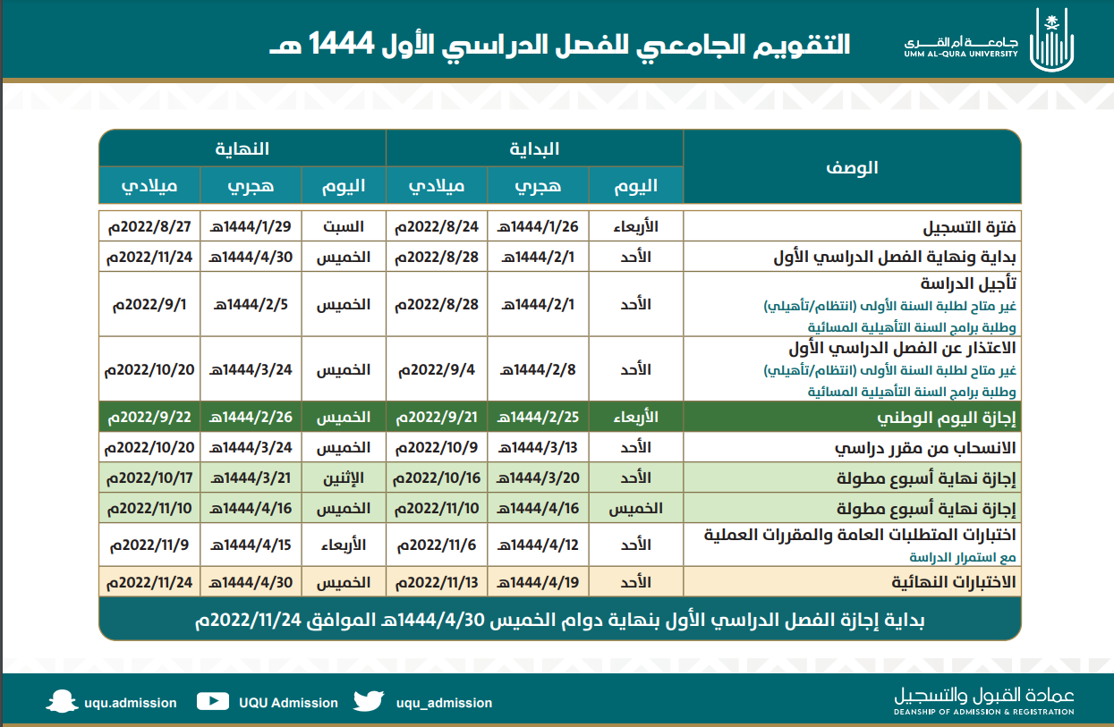 التقويم الجامعي جامعة طيبة